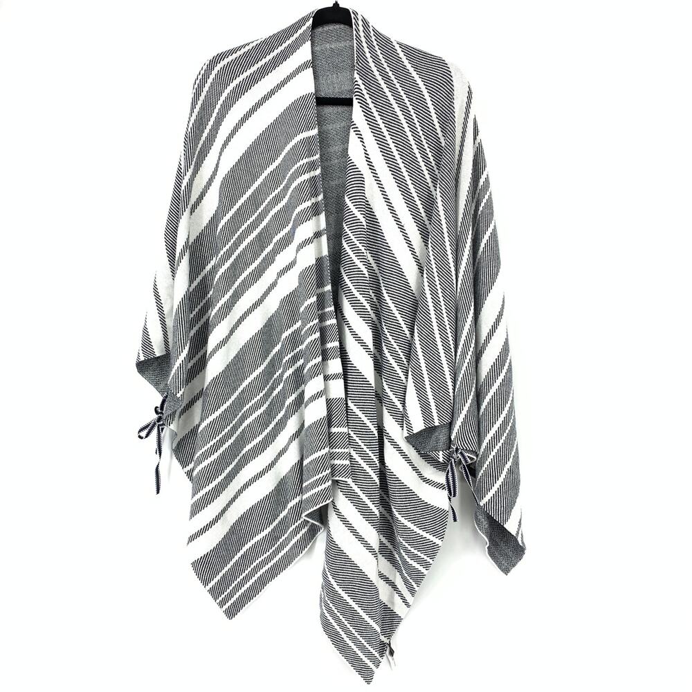 Talbots Women's One Size Striped Open Front Poncho Sweater Black/White
